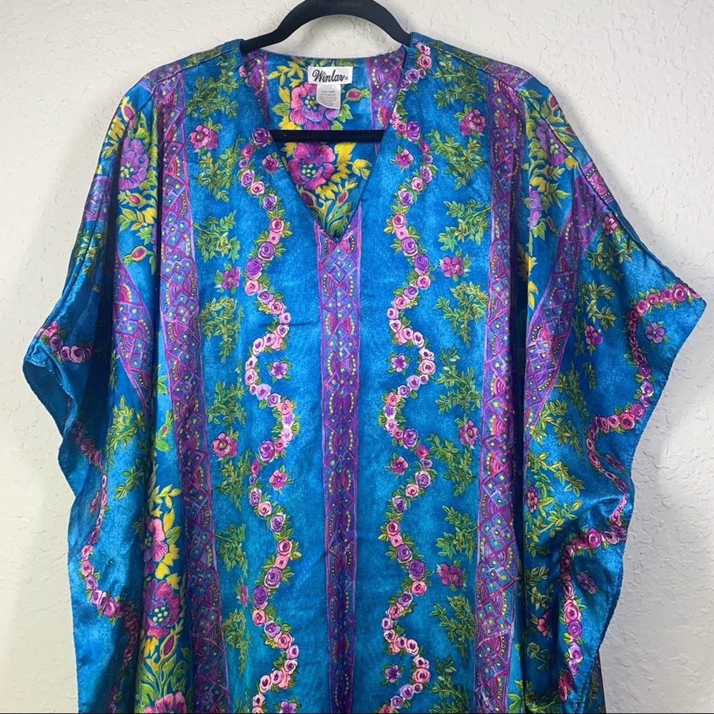 WINLAR Vintage Blue Laurel Roses Satin Long Caftan Lounge Dress - Picture 2 of 8